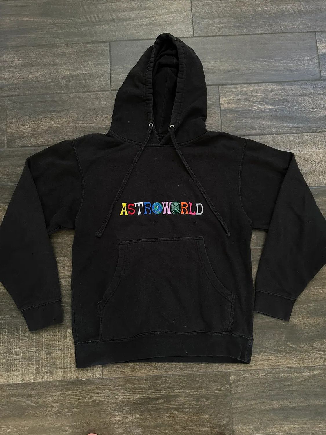 image of Travis Scott Astroworld Embroidered Logo Wish You Were Here Hoodie in Black, Men's (Size Small)