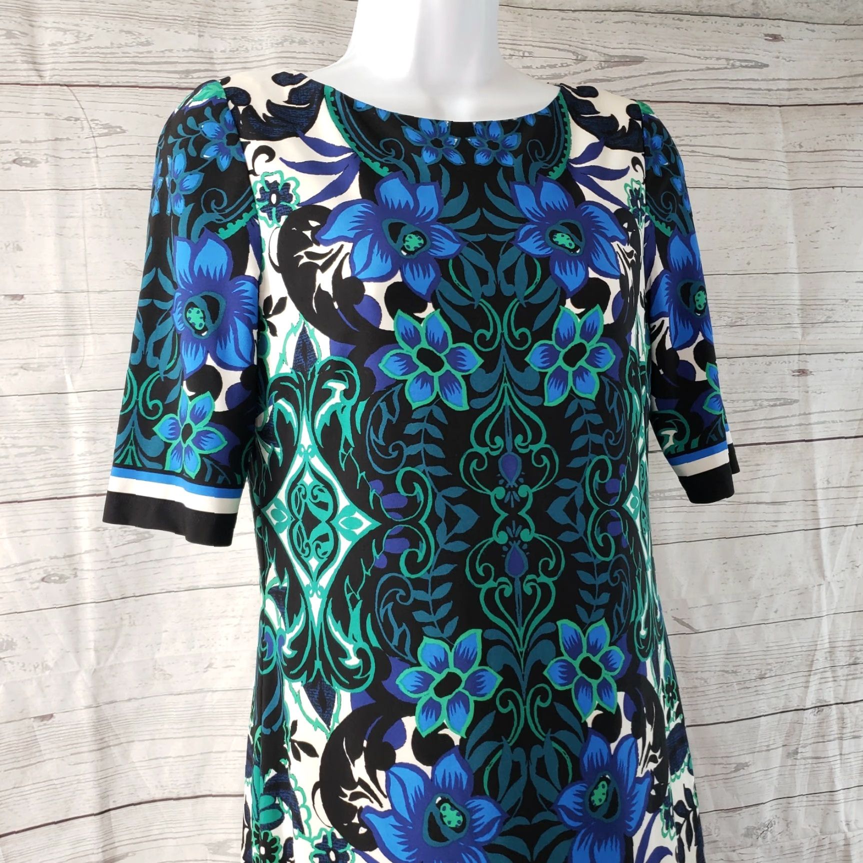 Vintage Eliza J Womens Dress Sz 2 Black Floral Half Sleeve Zip Knee Length Shift Polyester Blend Size XS / US 0-2 / IT 36-38 - 2 Thumbnail