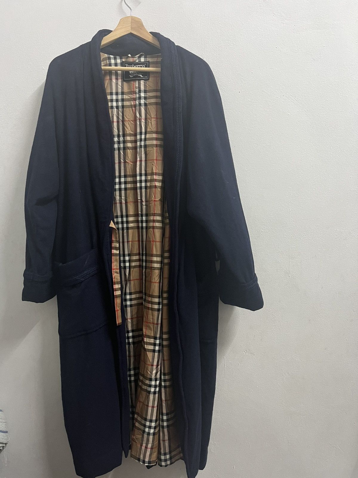 image of Archival Clothing x Burberry Nova Check Blue Navy Wool Long Jacket, Men's (Size Medium)