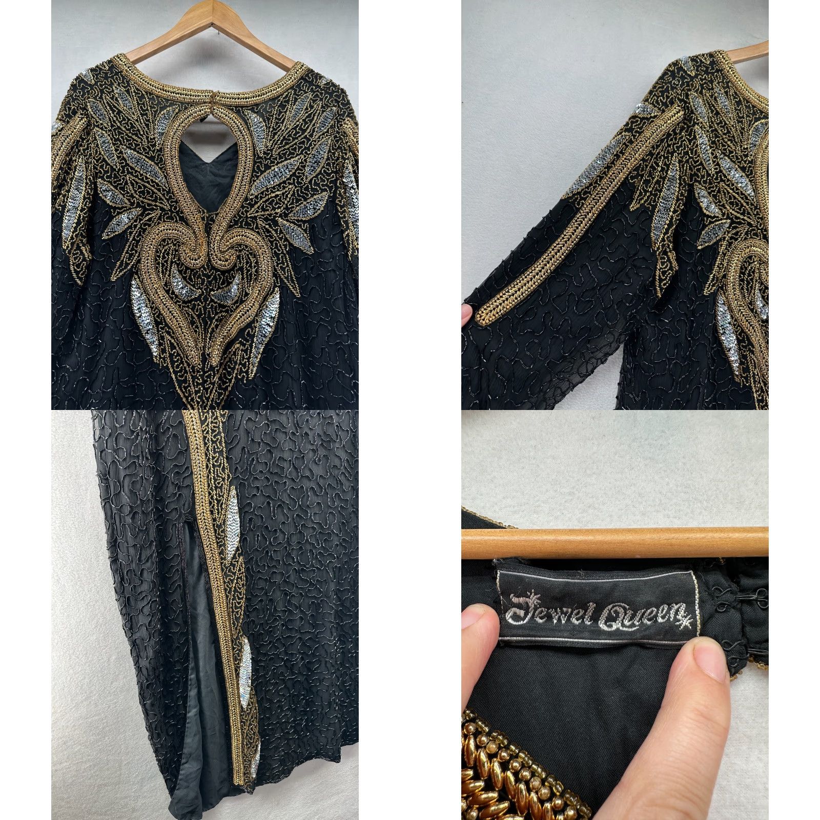 Vintage Jewel Queen Maxi Dress Black Women's Size 0 Silk Beaded Long Sleeve Evening Gown Size XS / US 0-2 / IT 36-38 - 8 Thumbnail