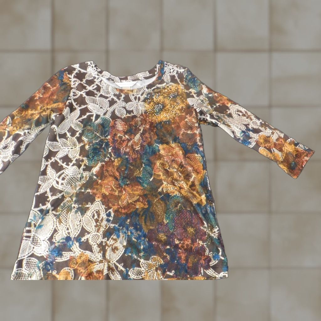 Vintage CJ Top Womens Blouse Small Brown Floral Stretch Long Sleeve Round Neck Casual Shirt Size S / US 4 / IT 40 - 1 Thumbnail