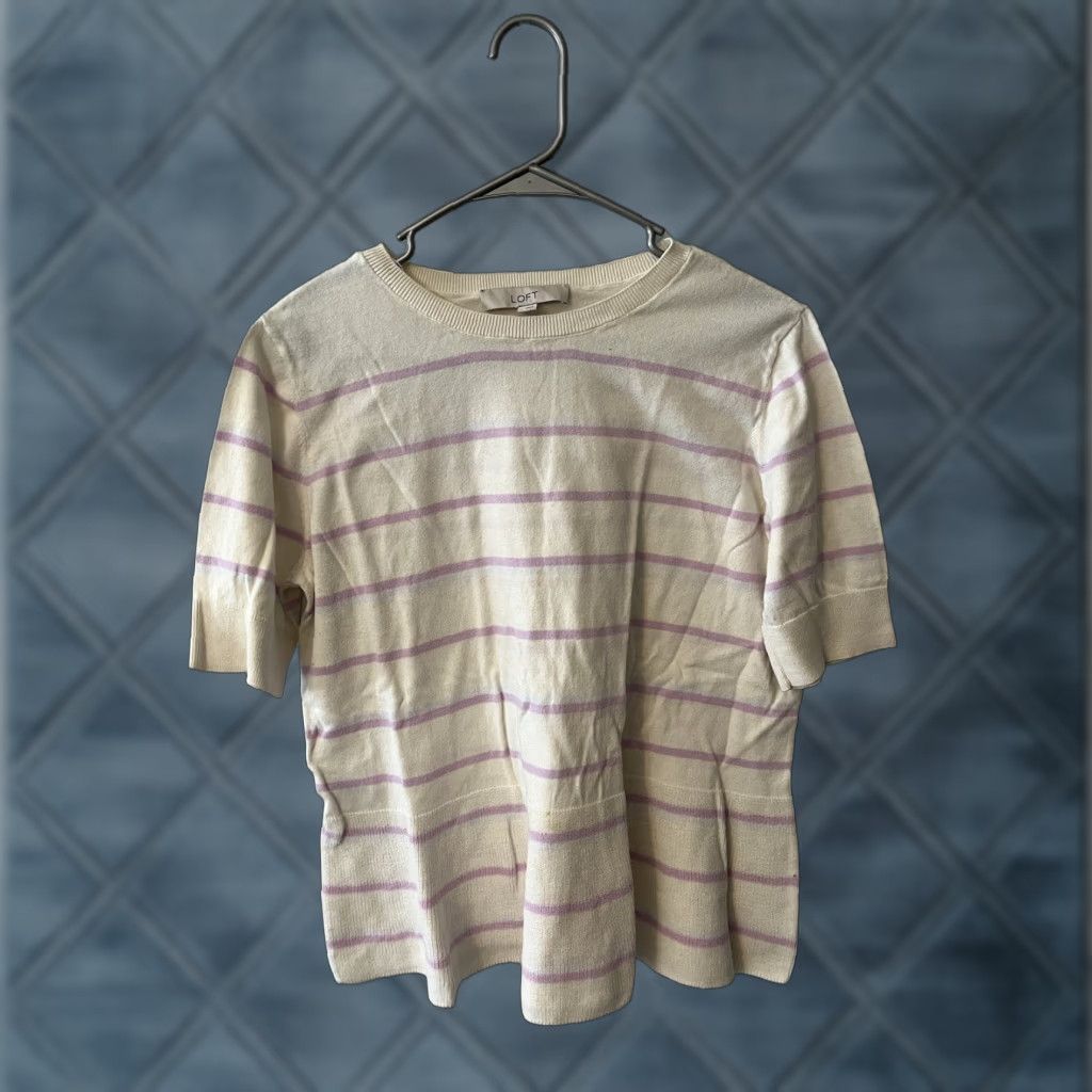 Ann Taylor VINTAGE Ann Taylor Loft Sweater Shirt Womens L White Purple Striped Short Sleeve Crew Neck Knit Targeted keywords Size L / US 10 / IT 46 - 1 Thumbnail