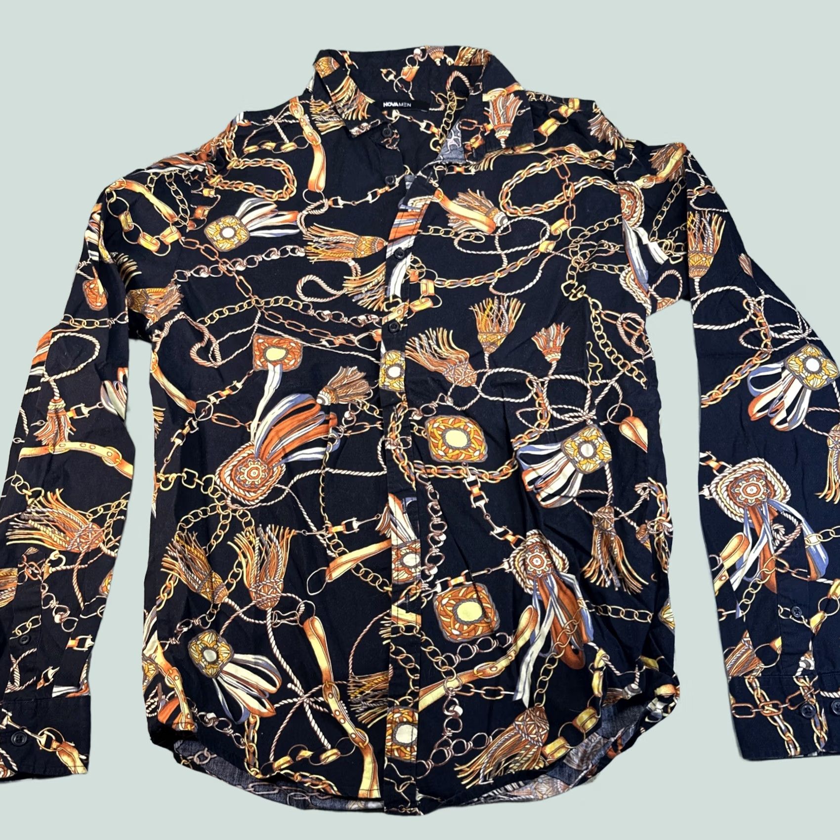 Fashion Nova VINTAGE Fashion Nova Button-Up Shirt Mens M Black Gold Metal Nova Size US M / EU 48-50 / 2 - 1 Thumbnail