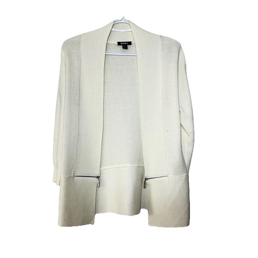 DKNY DKNY White Cotton Open Cardigan Size Medium Zipper Detail Size M / US 6-8 / IT 42-44 - 3 Thumbnail