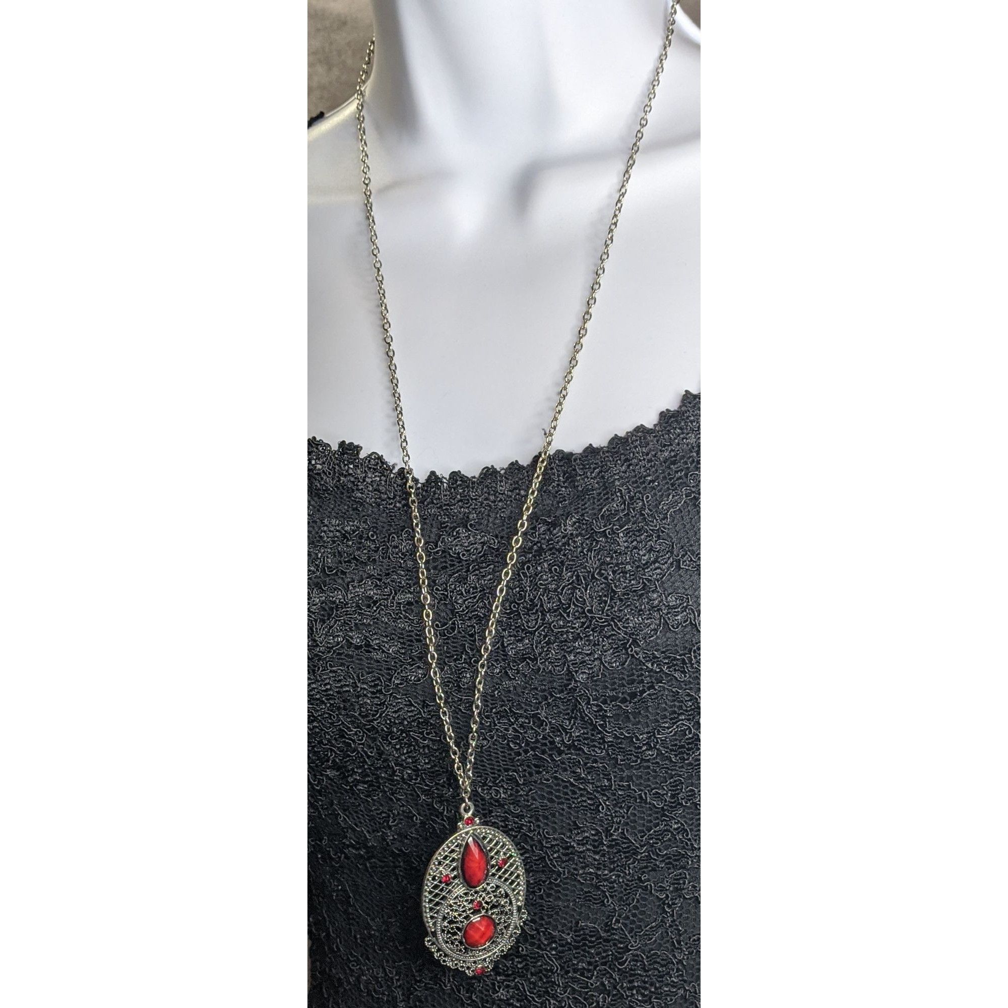 Other Gothic Oval Pendant Necklace With Red Faux Gemstones & Filig Size ONE SIZE - 3 Thumbnail