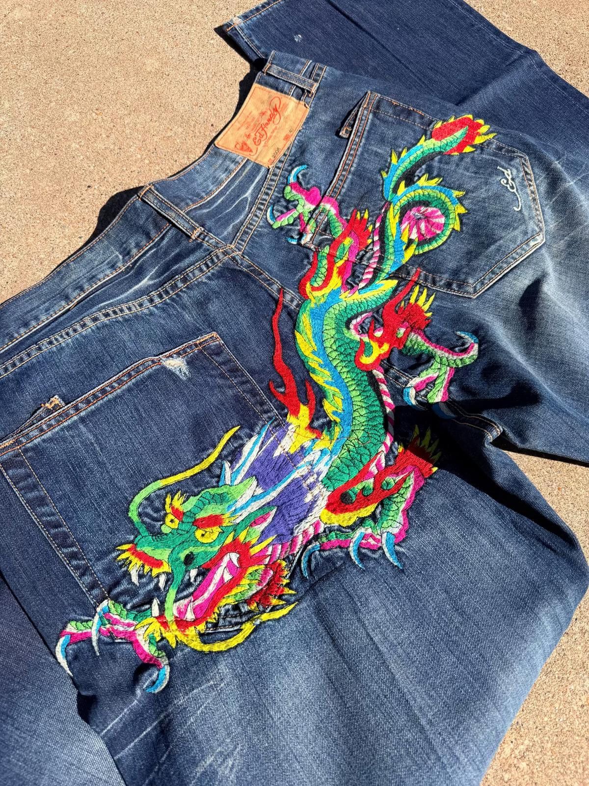 Ed Hardy Ed Hardy “Dragon Back” Embroidered Jeans Y2K 40x34 Size ONE SIZE - 2 Thumbnail