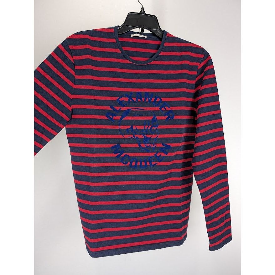 Alexander McQueen o1rshd1 Stripe Long Sleeve Velvet Skull Logo T-Shirt Size US S / EU 44-46 / 1 - 10 Thumbnail