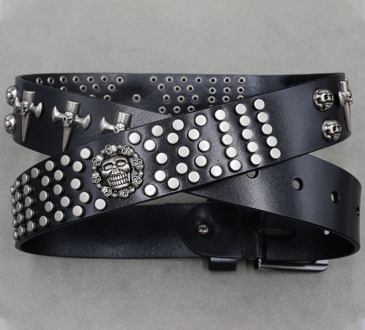 Japanese Brand × Vintage Retro punk skull cross studded rivet leather rock belt Size ONE SIZE - 5 Thumbnail