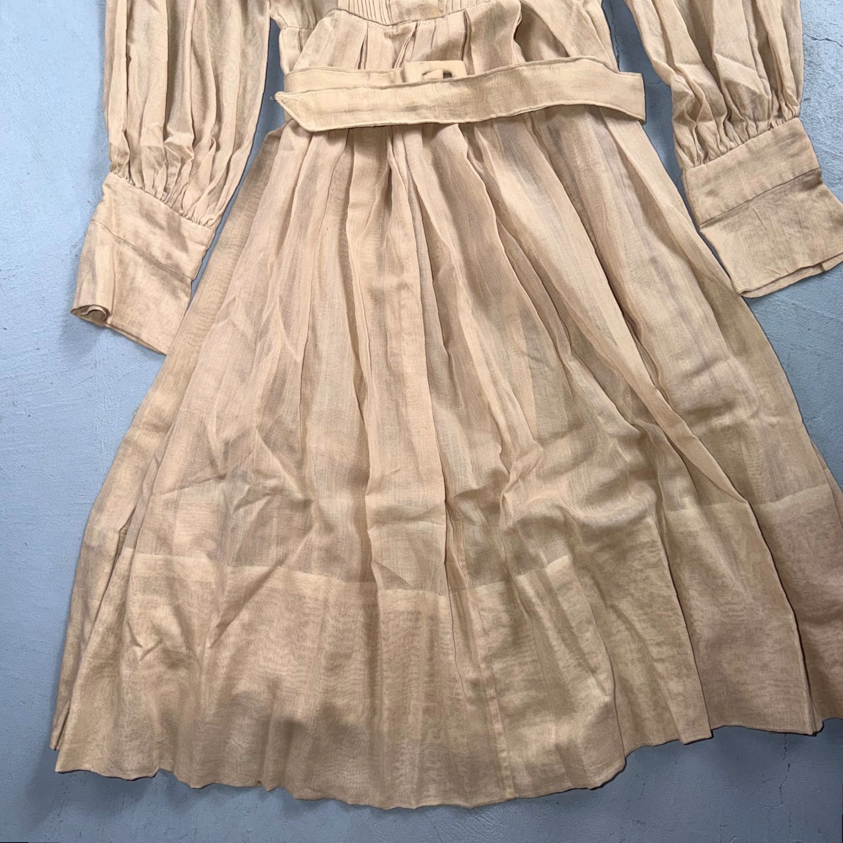 Vintage VINTAGE Shirtwaist Dress Beige BeIGe Long Sleeve Belted Pleated Prairie 1970s 70s S/M Womens Size S / US 4 / IT 40 - 3 Thumbnail