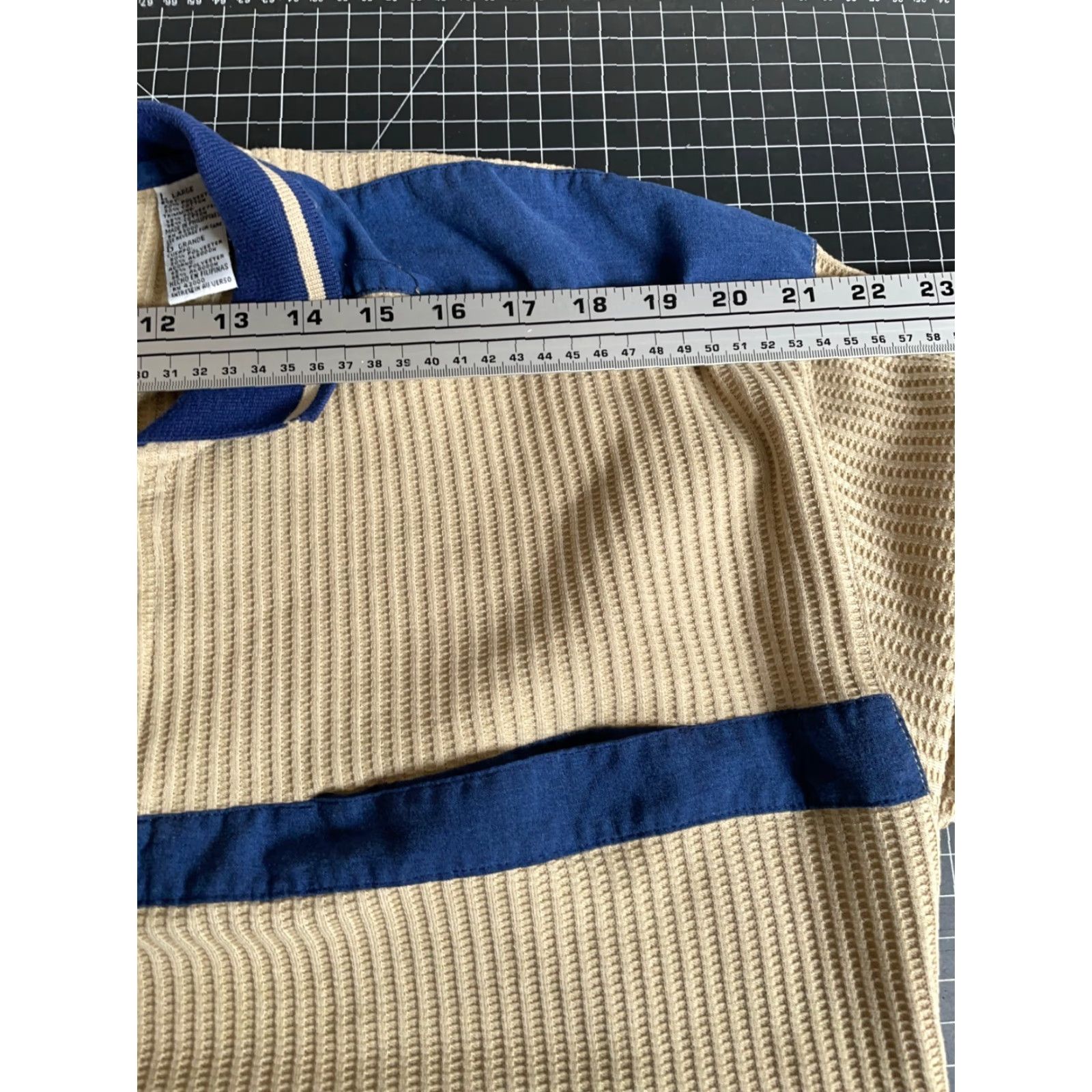 Vintage Envoy Polo Shirt Shirt Adult Large Beige 90s Retro Waffle Knit Long Sleeve Blue Panel Trim Vintage Mens Size US L / EU 52-54 / 3 - 7 Thumbnail