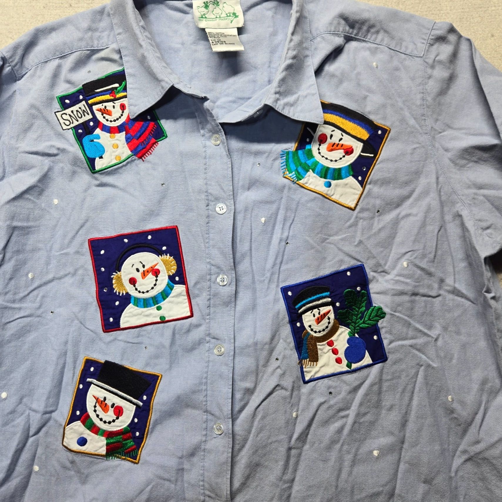 Quacker Factory The Quacker Factory Button-Up Shirt 1X Adult Women's Blue Snowman Patch Vintage No Size XL / US 12-14 / IT 48-50 - 2 Thumbnail