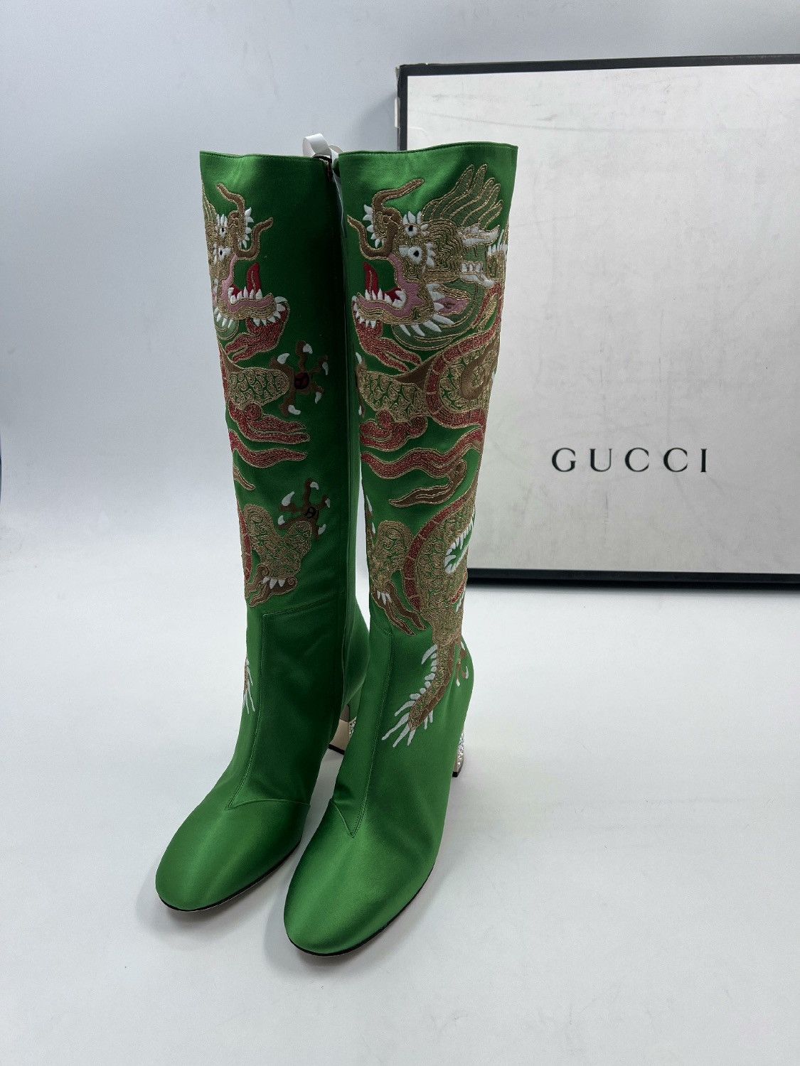 Gucci Runway Lime Green Dragon Boots With Sparkly Bows Size US 7.5 / IT 37.5 - 7 Thumbnail