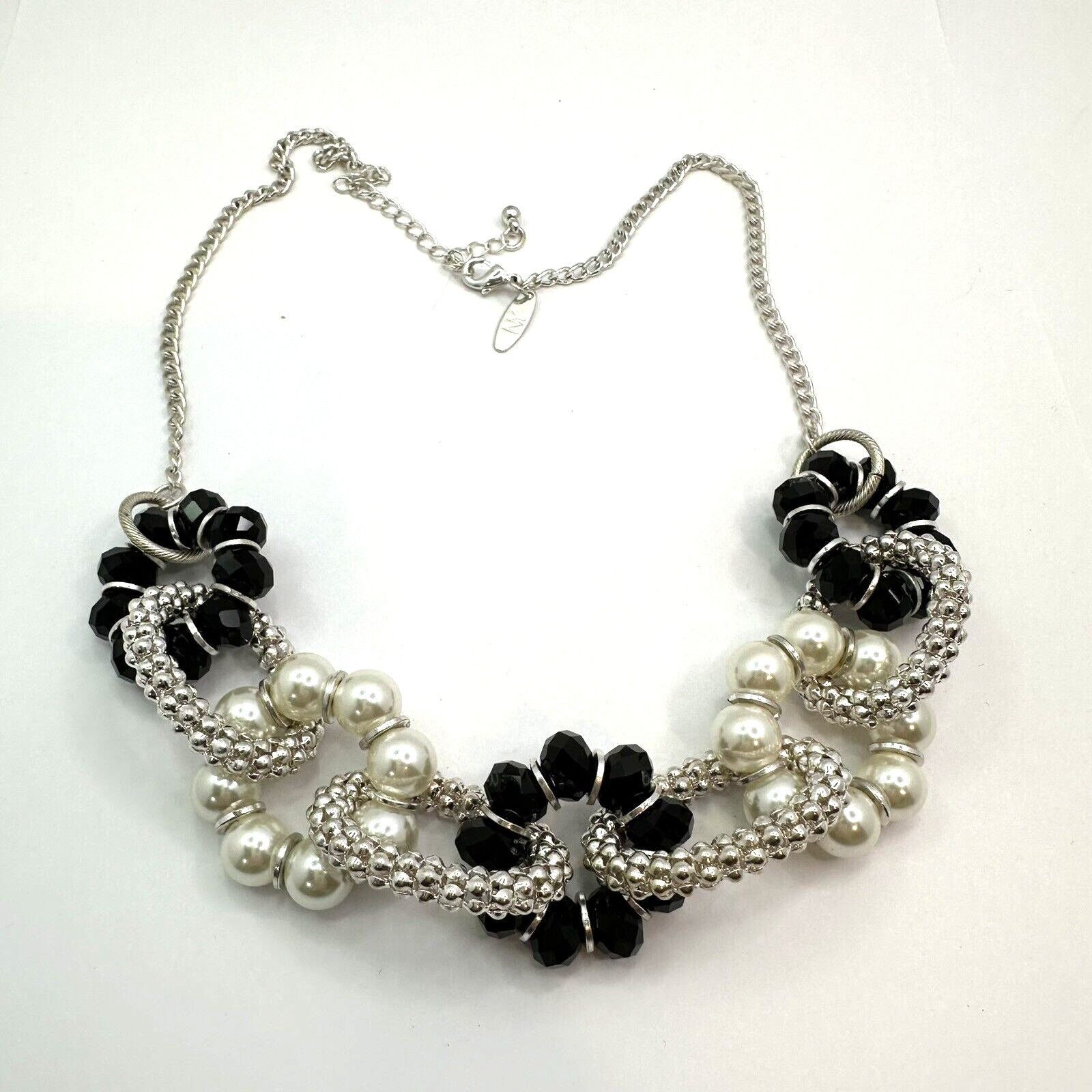 Other Ny & Co Silver Mesh Blk Crystals Faux Pearls Beads Necklace Size ONE SIZE - 1 Thumbnail