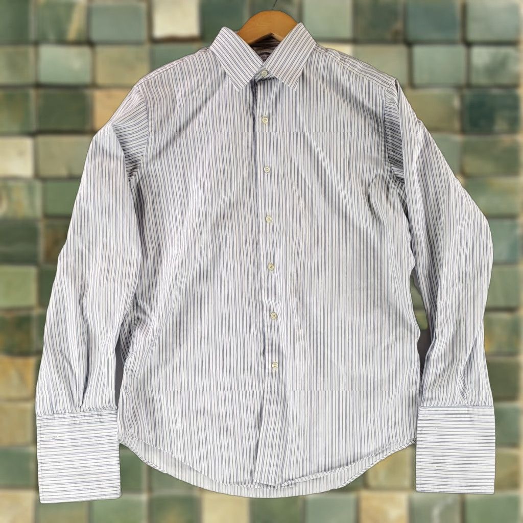VINTAGE Brooks Brothers Shirt Button Up French Cuff Made USA Striped Mens 15.5-35 Multicolor M Sleeve Long - Small hole at shoulder
