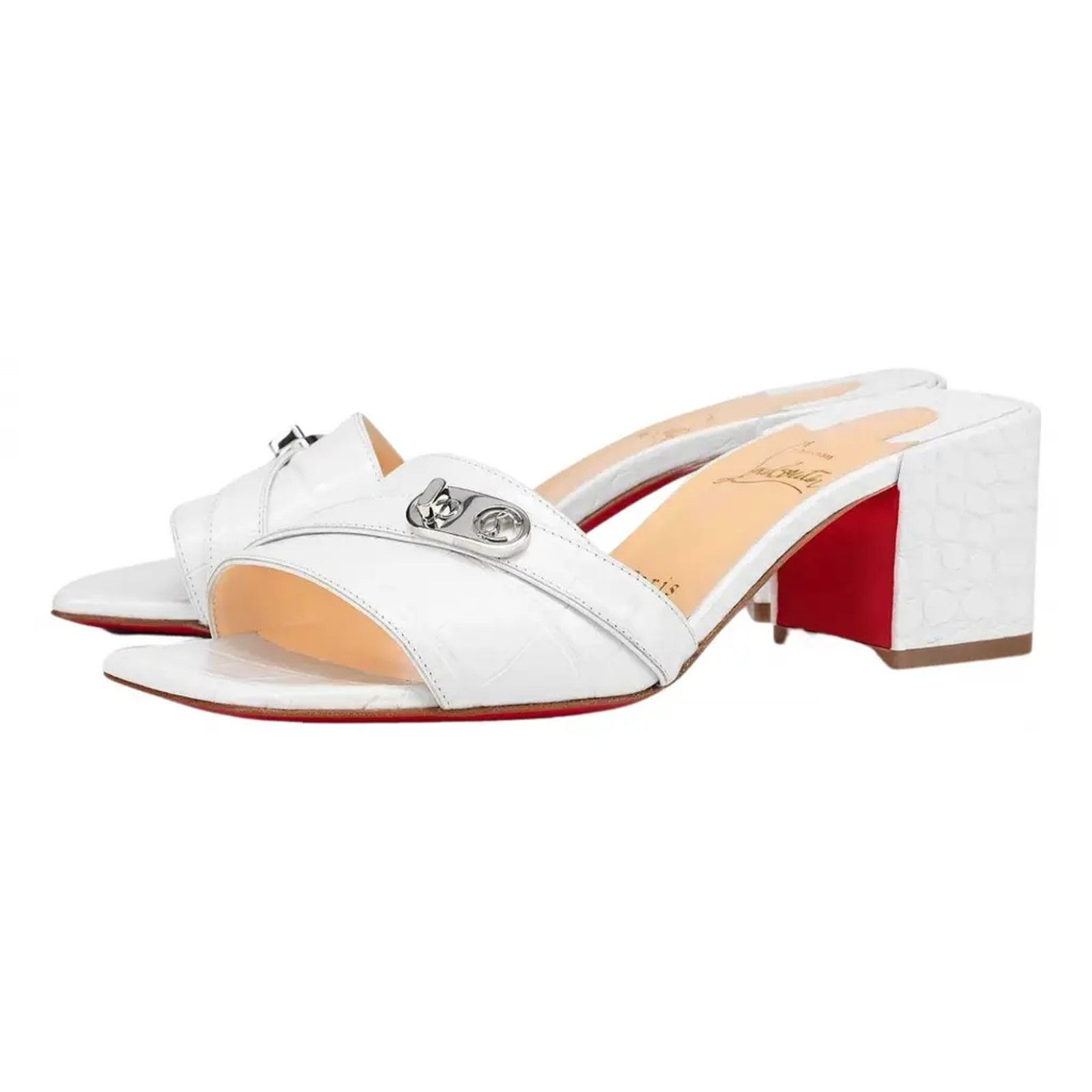 Christian Louboutin Lock Art 55 White Croc Block Heel Mule Slide Sandal Pump 36 Size US 6 / IT 36 - 1 Thumbnail