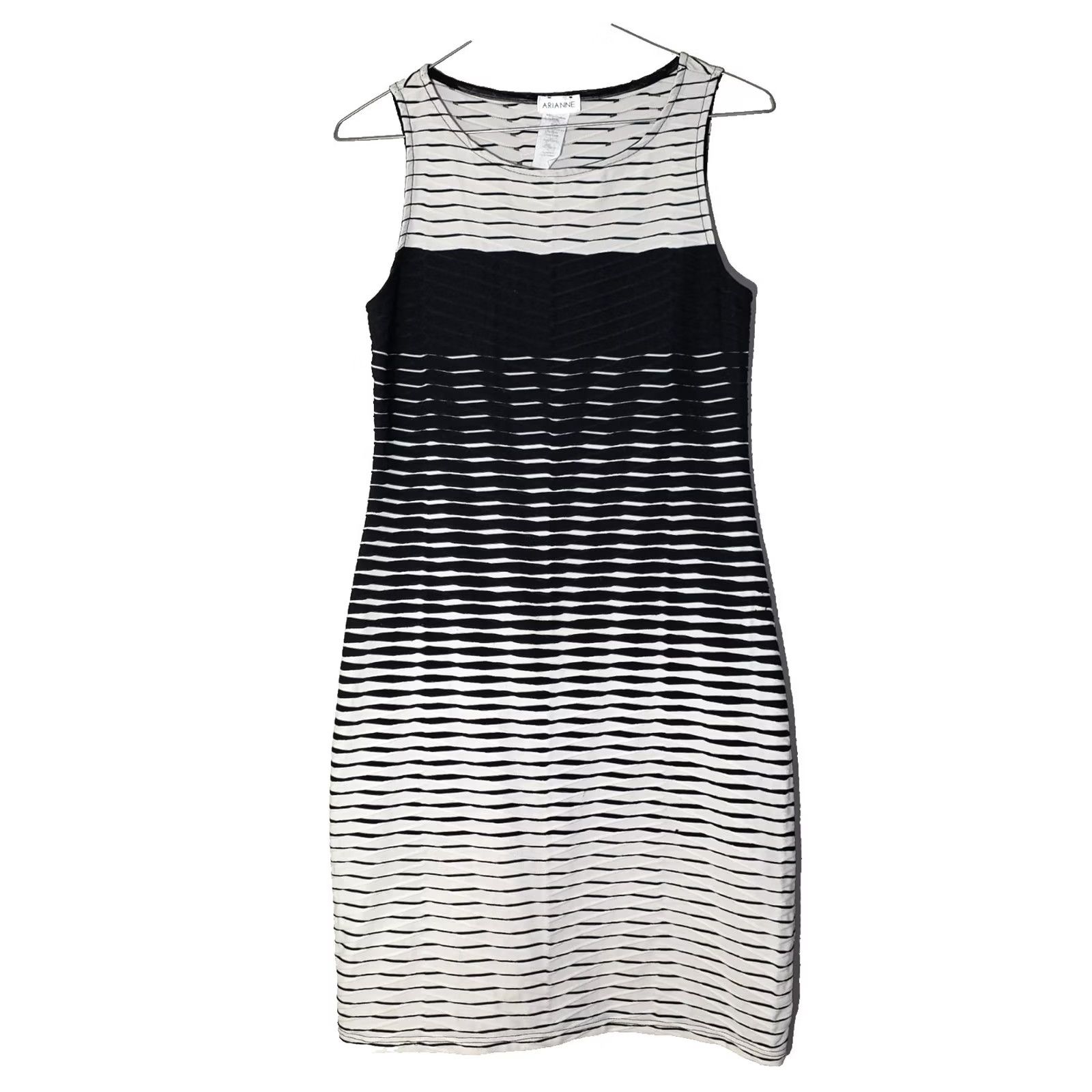 Vintage Ariane Sheath Dress Women's S White Black Striped Sleeveless Crew Neck Polyester Knee Length Casual Summer Pullover Machine Washable Size S / US 4 / IT 40 - 2 Thumbnail