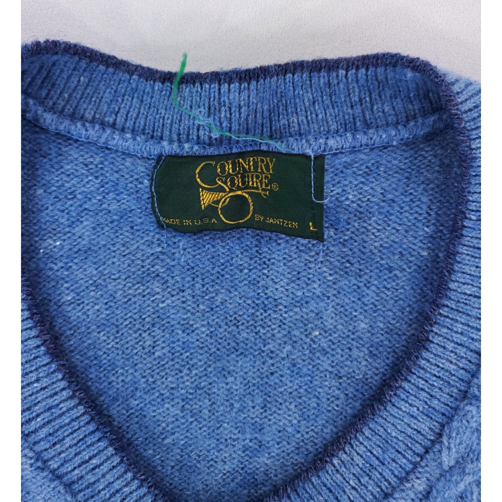 Jantzen VINTAGE Jantzen Sweater Cable-Knit V-Neck Wool Blend Blue Mens L 80s Country Squire Pullover Size US L / EU 52-54 / 3 - 2 Thumbnail