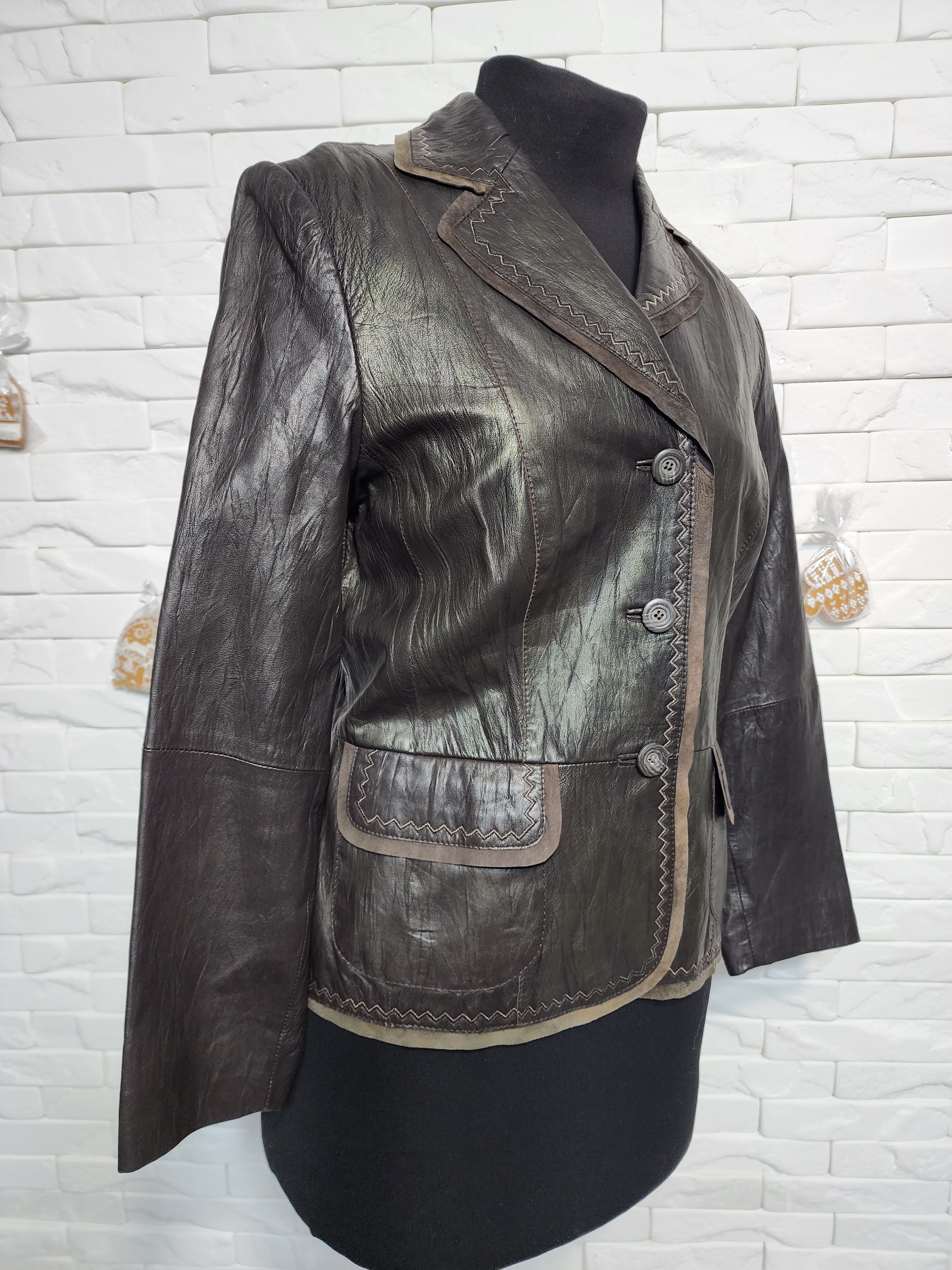 Other Brown Leather Jacket: Women's Blazer with Stitching Size M / US 6-8 / IT 42-44 - 3 Thumbnail