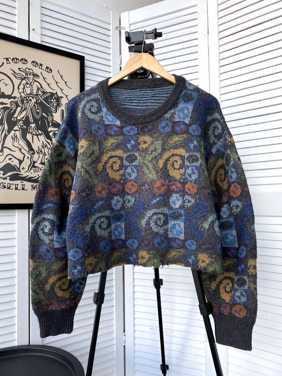 Japanese Brand × Vintage Vintage Abstract Cropped Wool Knit Sweater Baggy Size US L / EU 52-54 / 3 - 3 Thumbnail