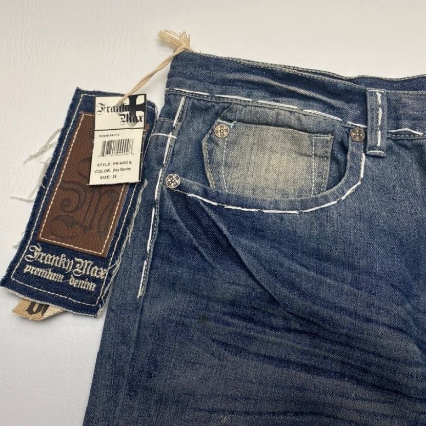Vintage NWT Franky Max Jeans Mens 38x32 Blue Boot Cut Relaxed Fit Distressed Embroidered Jeans Size US 38 / EU 54 - 5 Thumbnail
