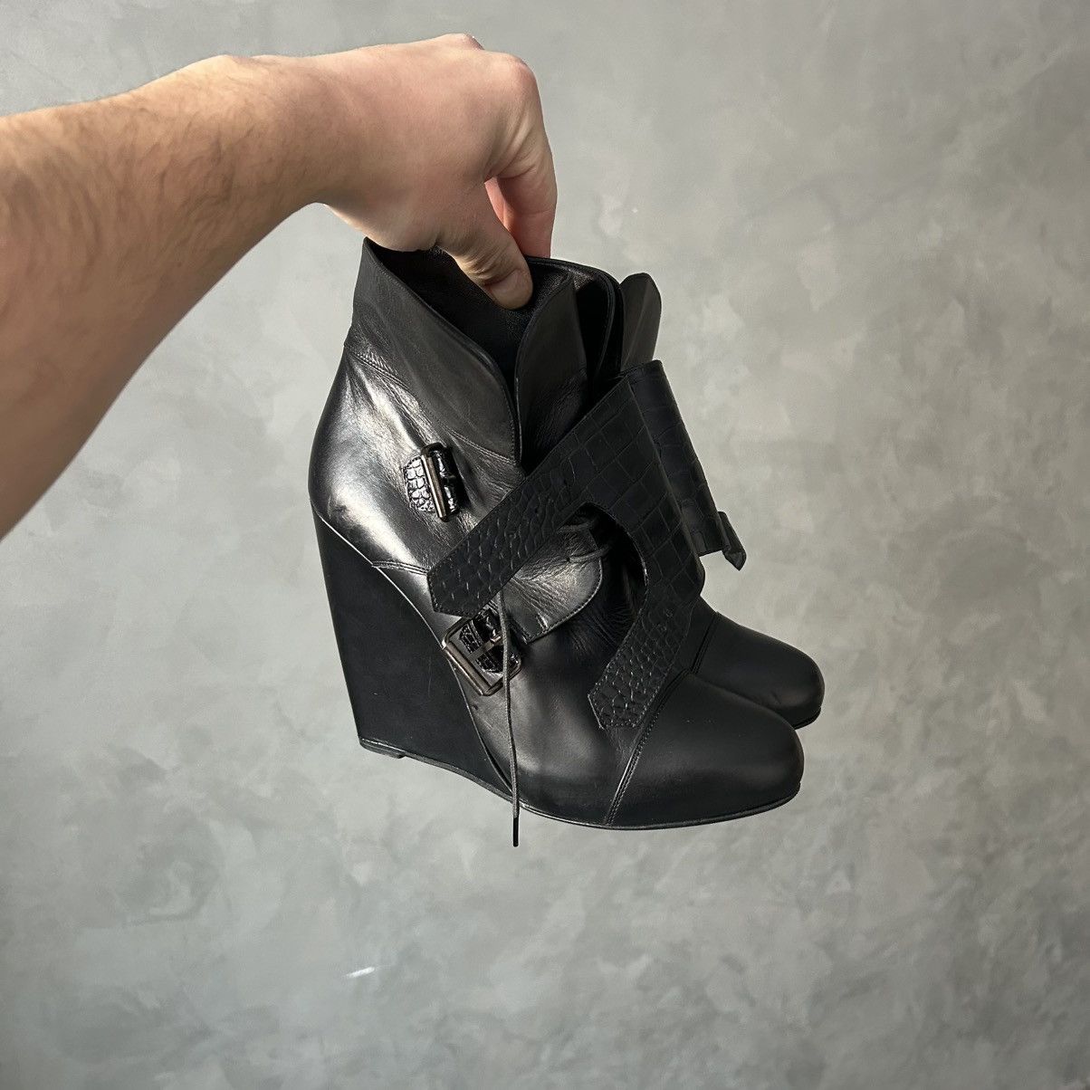 Sacai Sacai Black Buckle Leather Wedge Boots Size US 11 / IT 41 - 4 Thumbnail