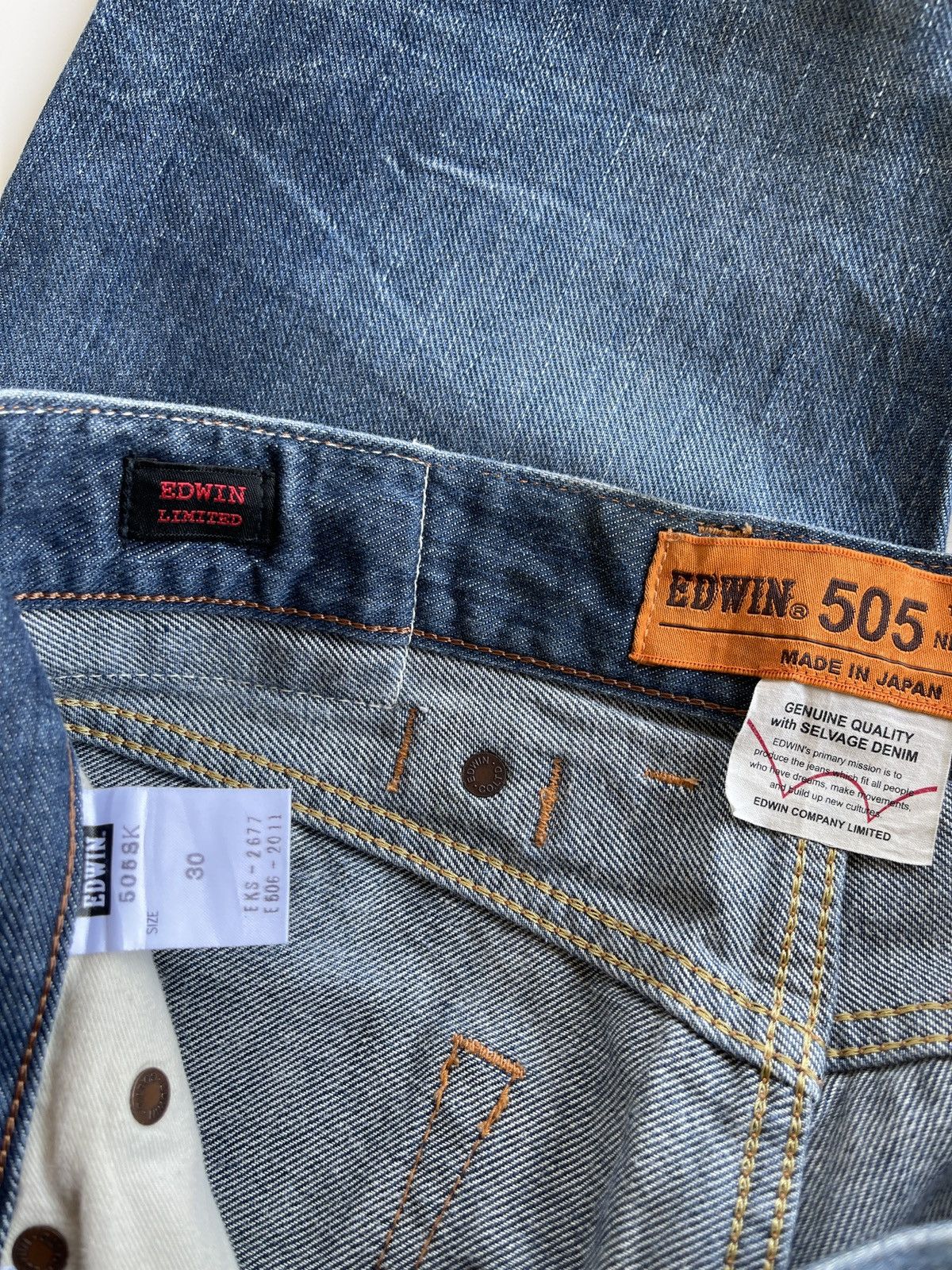 Japanese Brand Edwin Limited Blue Selvedge Buckleback Distressed Denim Size US 31 - 14 Thumbnail