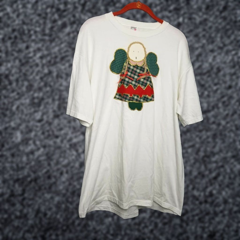 Jerzees VINTAGE Jerzees T-Shirt Mens XL Christmas Angel Puff Paint 3-D Distressed White Cotton Graphic Print Cat 90s Holiday USA Art Size US XL / EU 56 / 4 - 1 Thumbnail