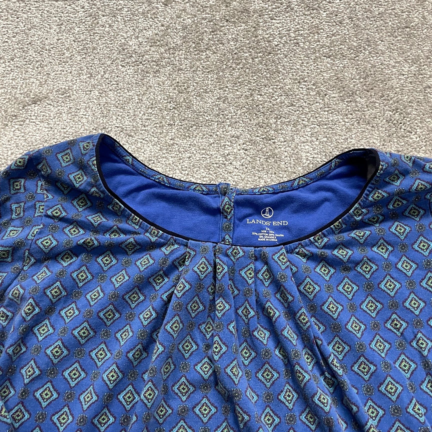 Lands' End VINTAGE? (No) Lands' End Blouse Womens XL Blue Long Sleeve Geometric Pleated Round Neck Casual Size XL / US 12-14 / IT 48-50 - 3 Thumbnail