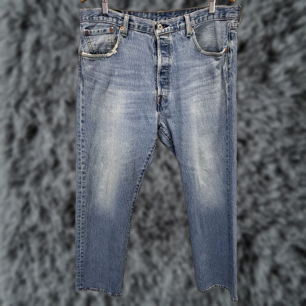 Levi's Levi's 501 Jeans Men's W38 x L30 Blue Denim Straight Leg Distressed Regular Fit 5-Pocket Cotton Blend Spandex Vintage No 90s City Hipster School Mens Size US 38 / EU 54 - 1 Thumbnail