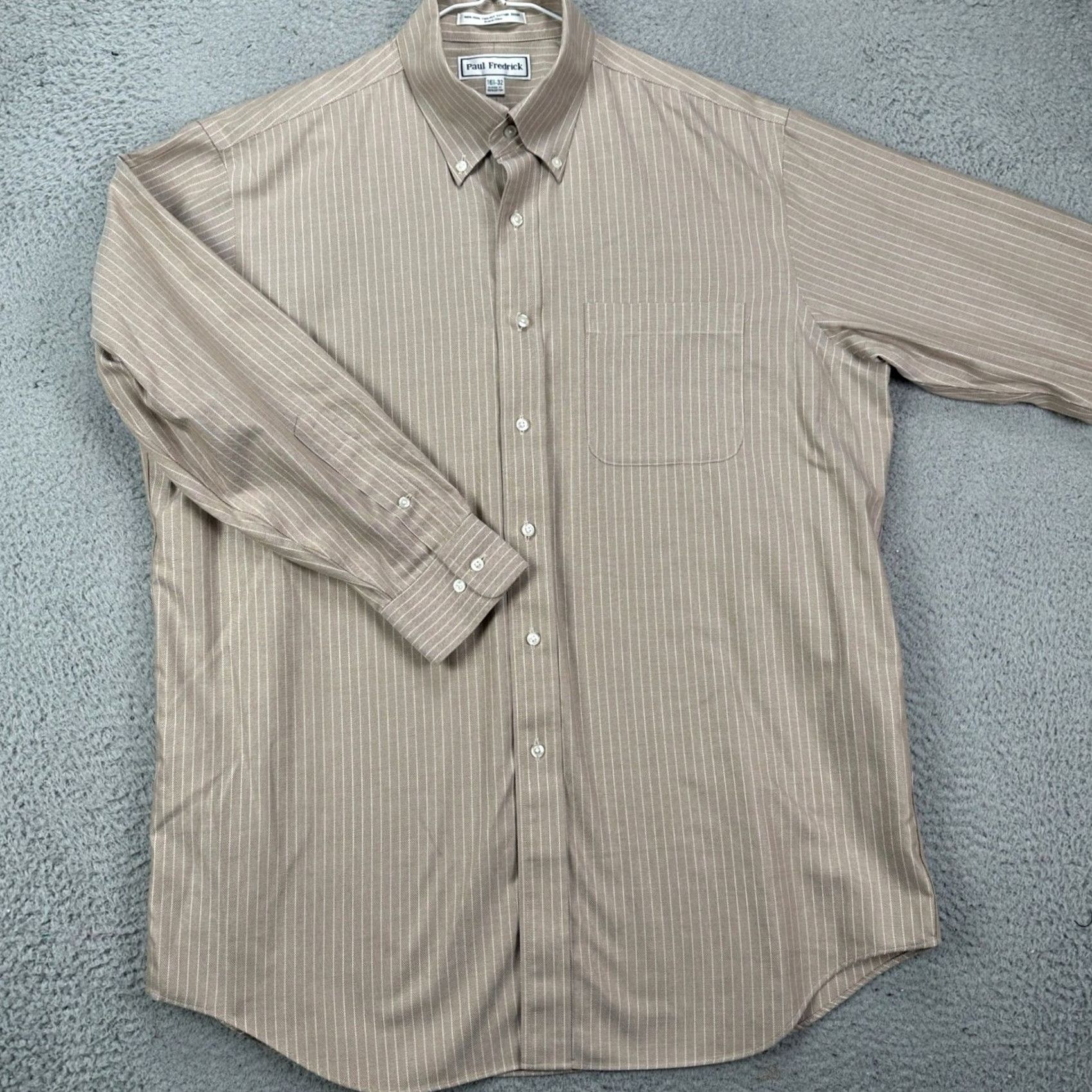 Vintage VINTAGE Paul Fredrick Mens 16.5-32 Shirt Dress Brown Stripes Classic Fit Button Down EUC Size 42R - 2 Thumbnail