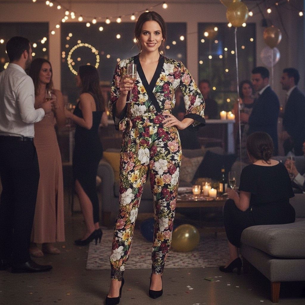 Alice + Olivia Alice + Olivia Walda Black Floral Satin Jumpsuit, US2 Size 26" / US 2 / IT 38 - 4 Thumbnail