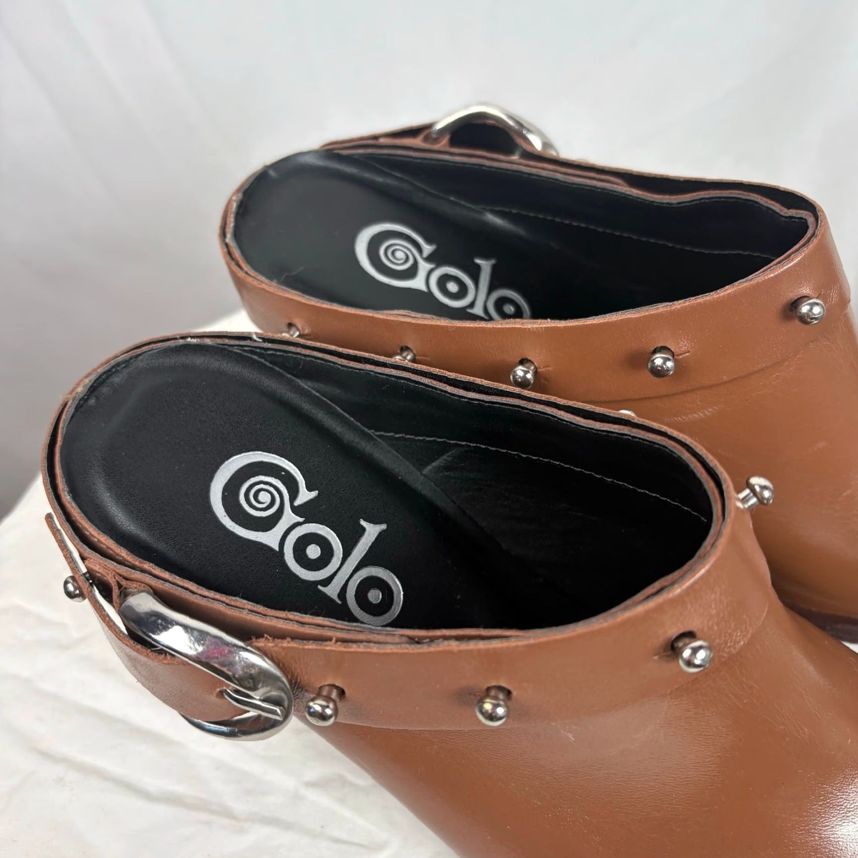 Vintage Golo Women's Woody Studded Leather Mule Booties Bootie 8 Cognac Brown High Heel 3" Casual Fall Spring Bohemian Southwestern Womens Size US 8 / IT 38 - 7 Thumbnail