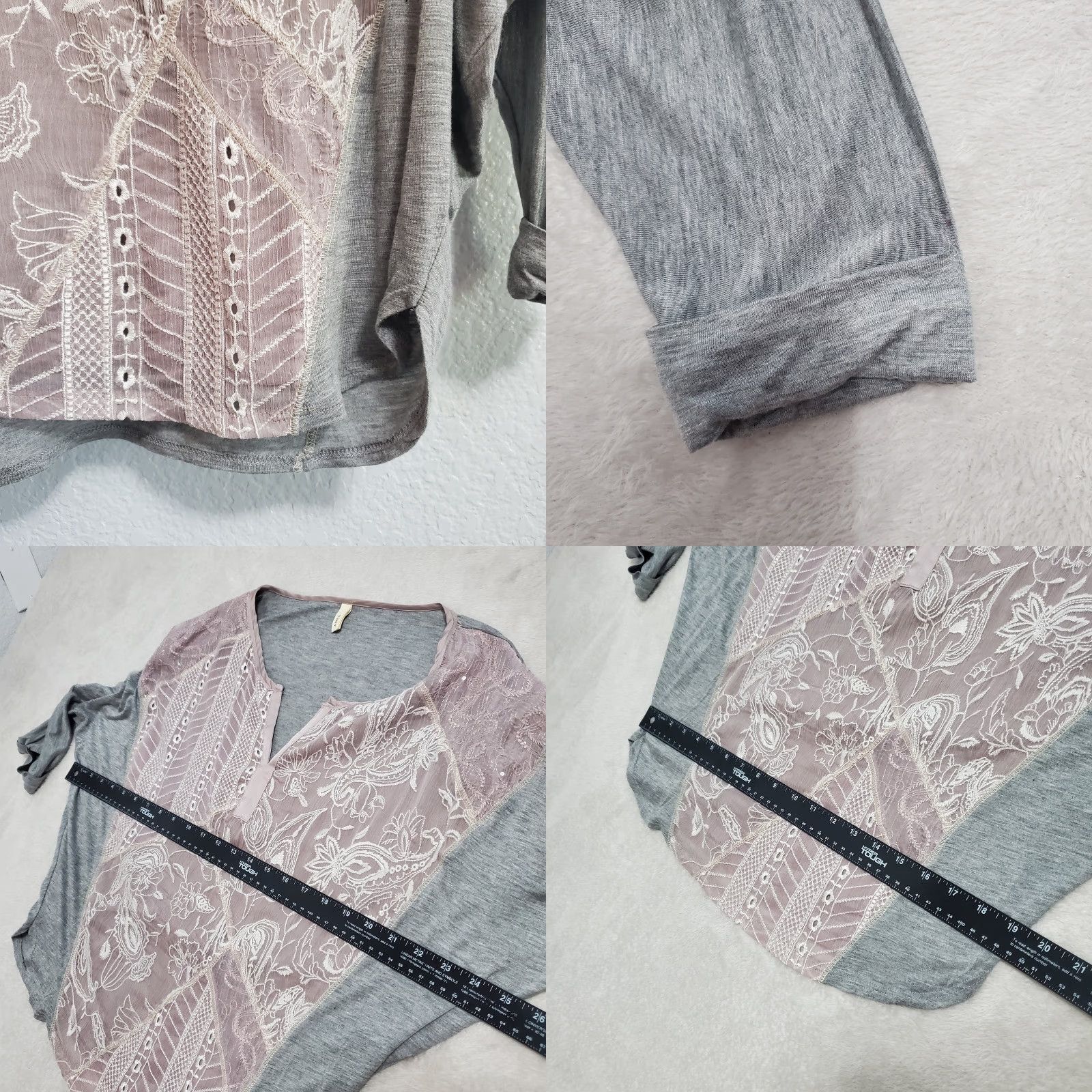 Anthropologie VINTAGE Tiny Anthropologie Top Women XS Gray Taupe Embroidered Sequin Dolman Sleeve Boho Tee Blouse Size XS / US 0-2 / IT 36-38 - 8 Thumbnail