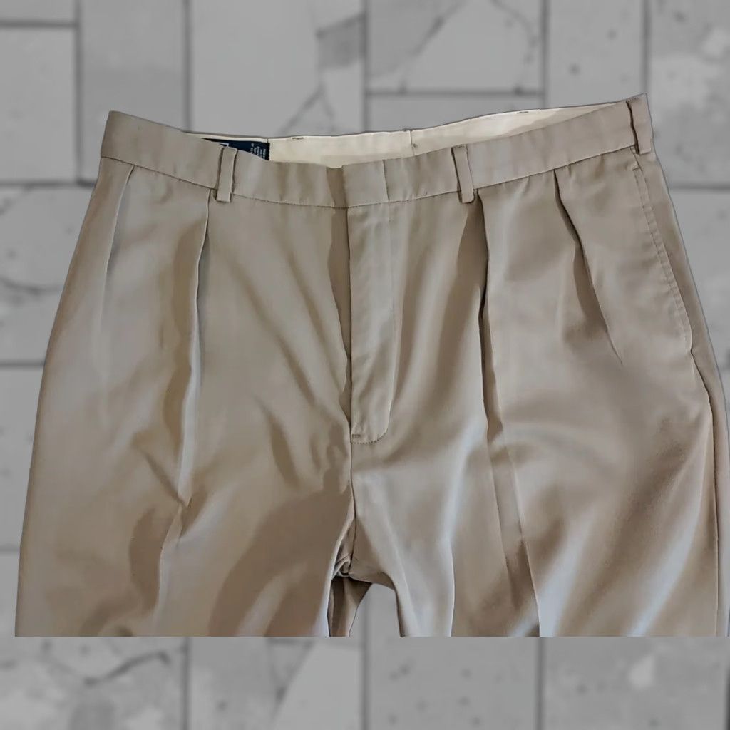 VINTAGE Polo Ralph Lauren Chino Pants 38x31 Men's Regular Brown Polyester Pleated Cuffed 5-Pocket NWOT