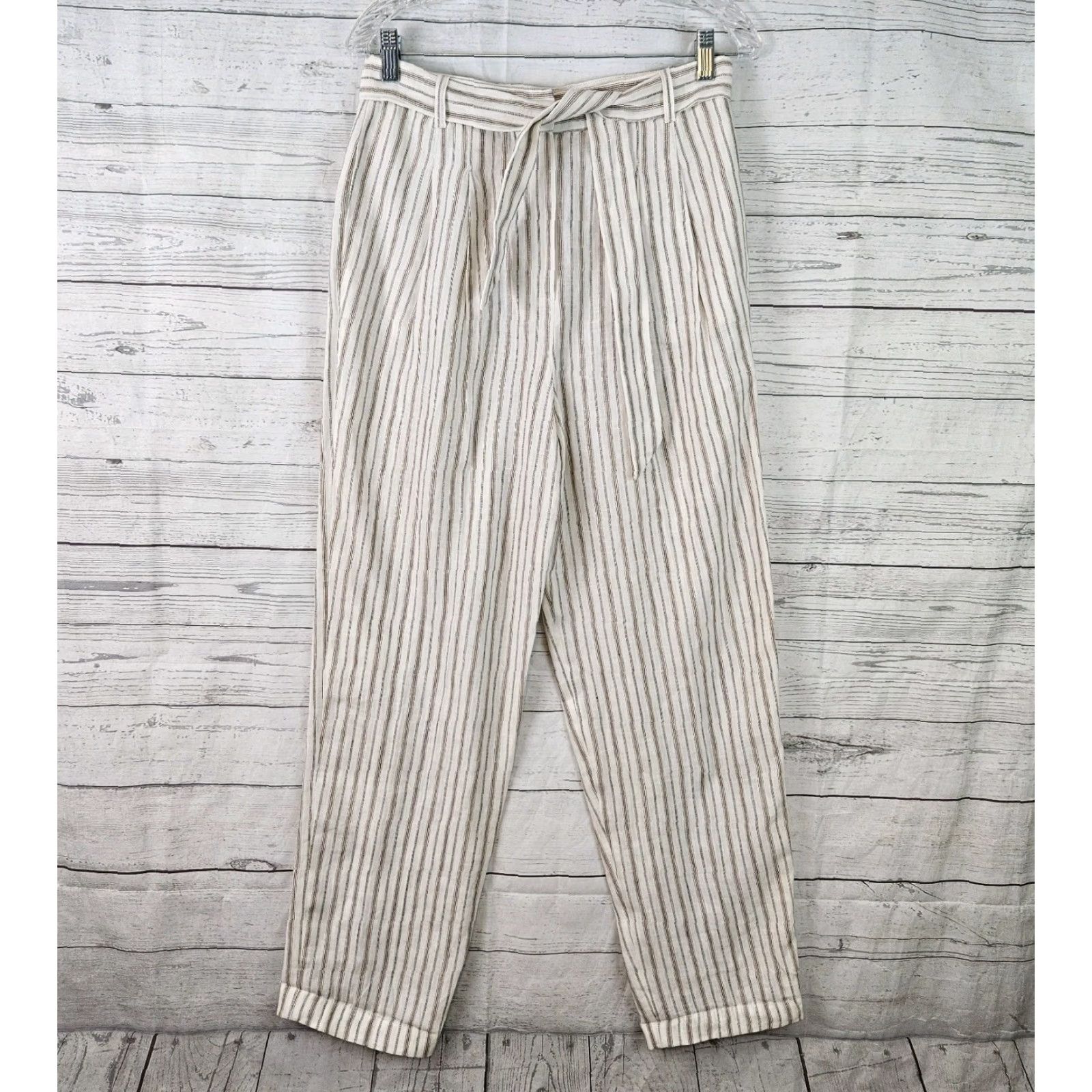 Vintage Caroll Paris Womens Linen Pants Sz 38 White Brown Striped High Rise Belted Linen Pants Women 38 Striped High Rise Belted Size 26" / US 2 / IT 38 - 2 Thumbnail