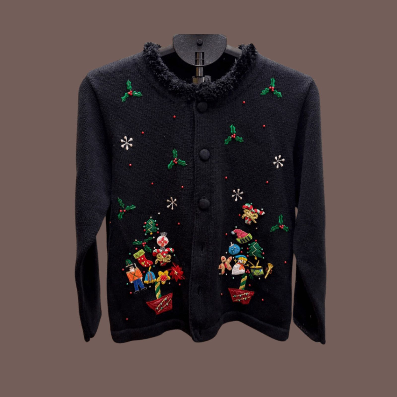 Vintage Vintage Berek Cardigan | Black, Holiday Embroidery | Size M Size M / US 6-8 / IT 42-44 - 1 Thumbnail