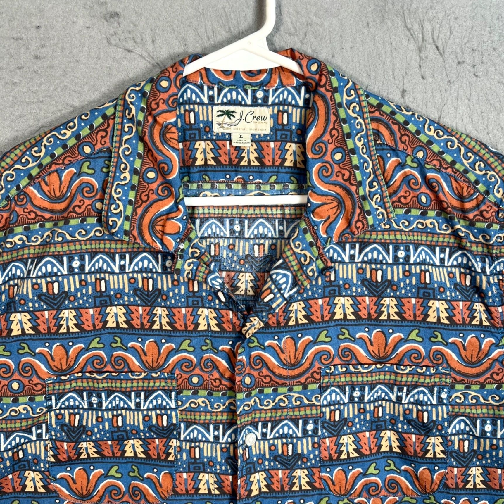 J.Crew J.Crew Button-Up Shirt Tribal Print Short Sleeve Mens Large 100% Cotton Blue Size US L / EU 52-54 / 3 - 5 Thumbnail