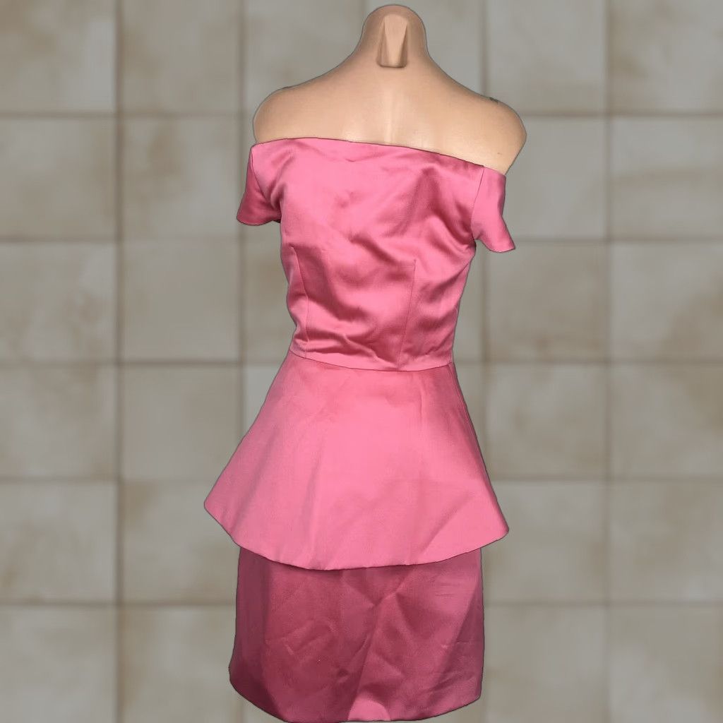 VINTAGE Victor Costa Dress 80s Off Shoulder Wrap Peplum Knee Length Pink 4 Women's