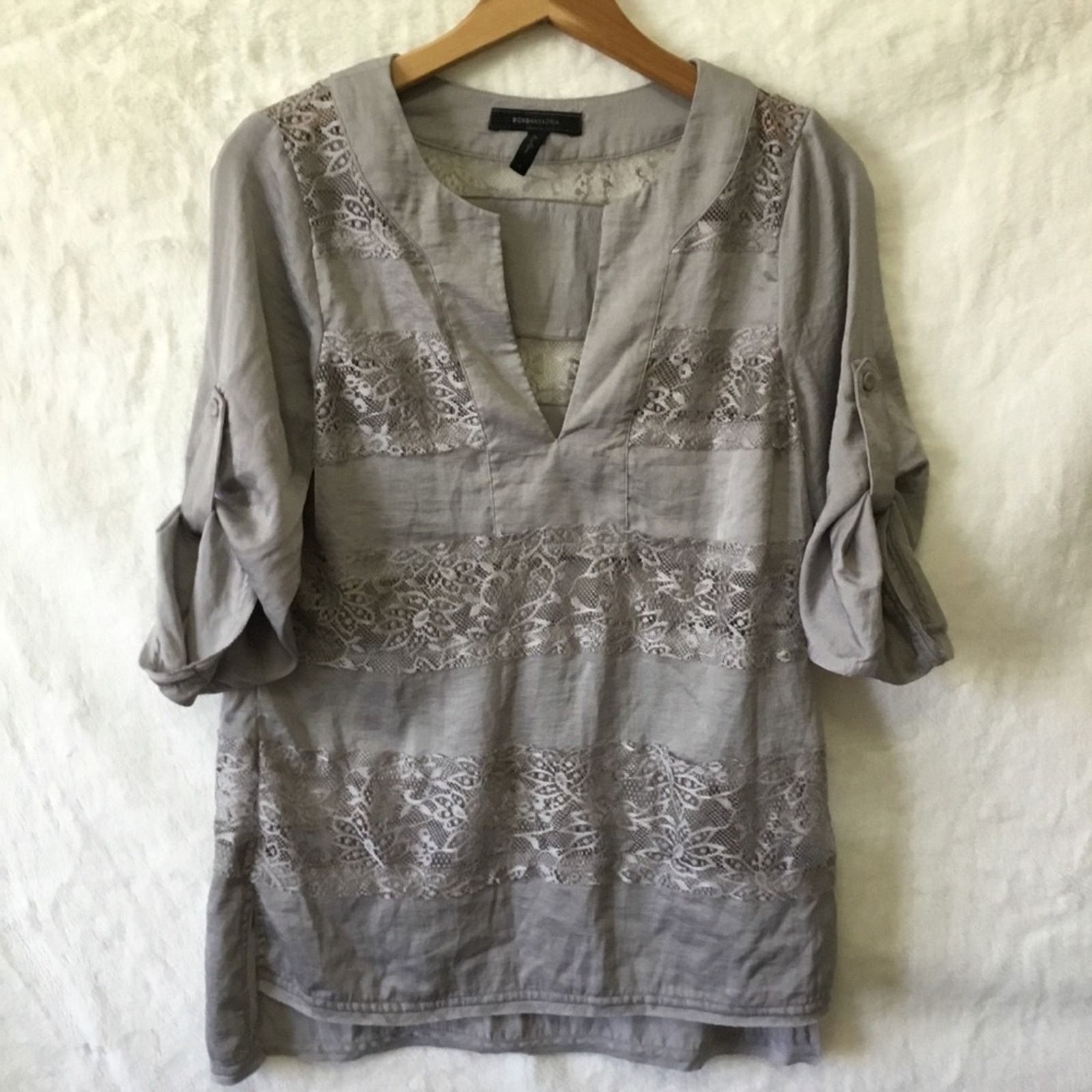 Bcbgmaxazria BCBGMaxAzria Light Gray Lace-Trim Tunic Top Size S / US 4 / IT 40 - 2 Thumbnail