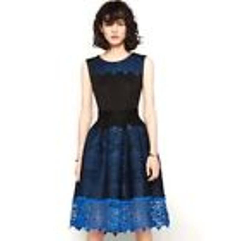 image of Maje Russe Honeycomb Knit Midi Dress Guipure Lace Hem in Black, Women's (Size Medium)