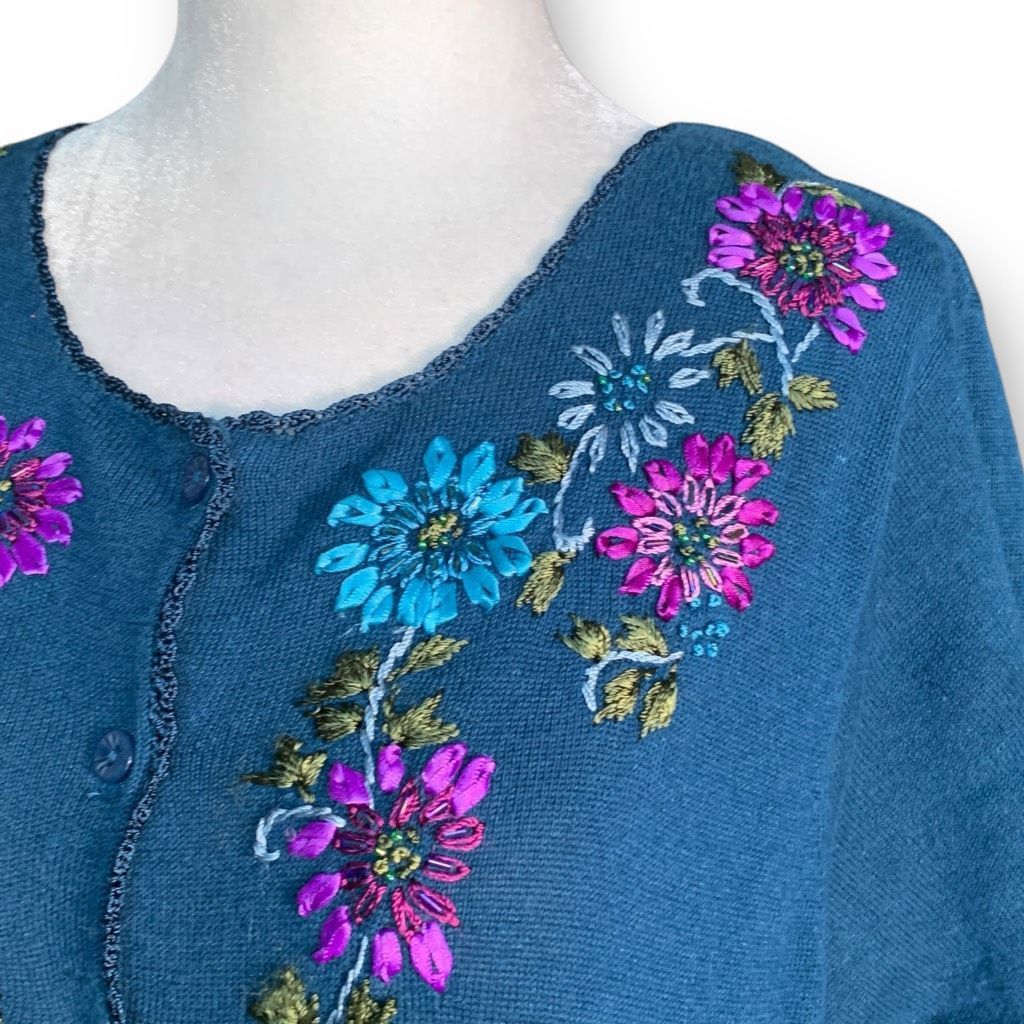 Vintage Vintage R&K Originals Teal Blue Floral Short Sleeve Knit Car Size L / US 10 / IT 46 - 2 Thumbnail