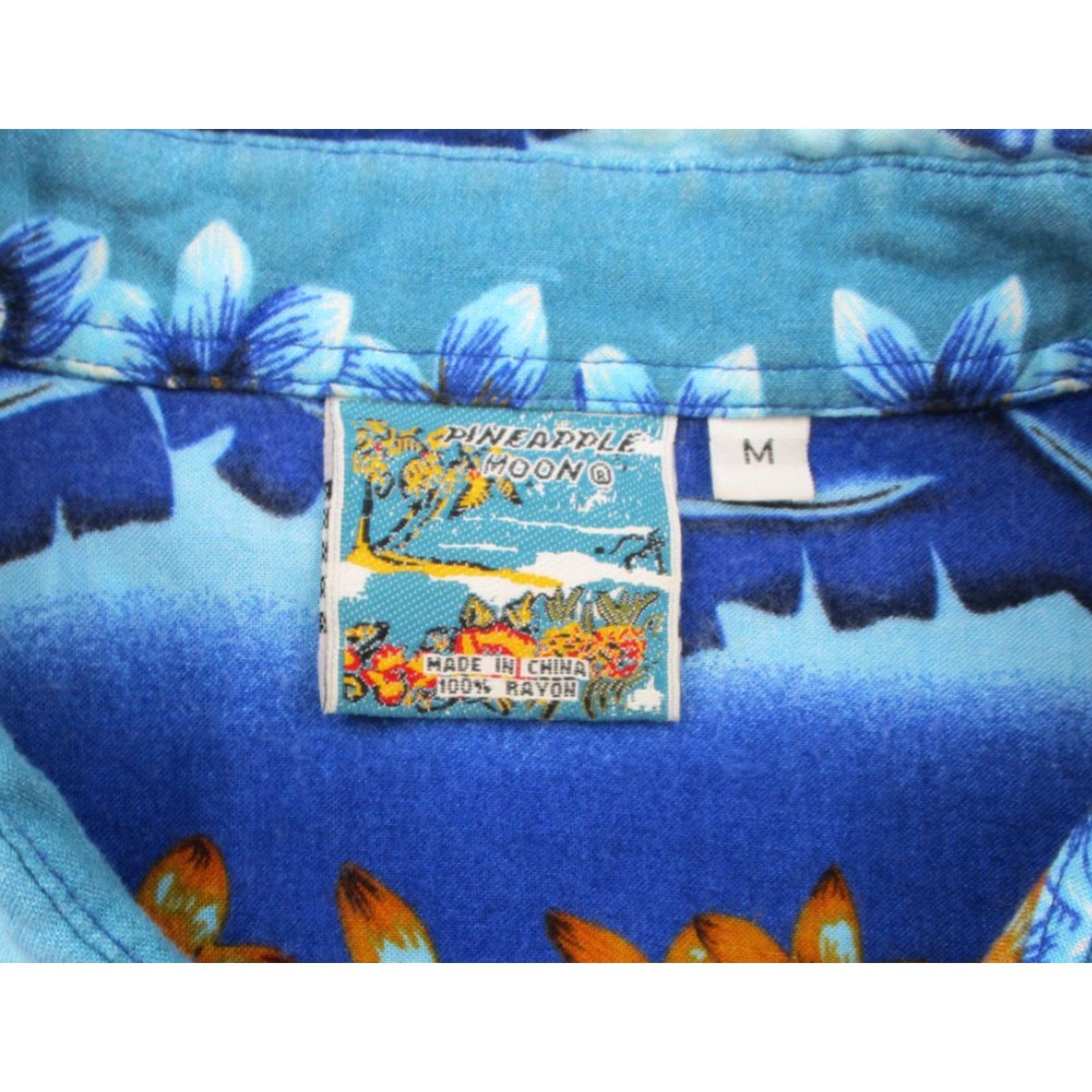 Vintage Pineapple Moon Hawaiian Shirt Mens M Blue Floral Rayon Button-Up Garden Camp Size US M / EU 48-50 / 2 - 5 Thumbnail