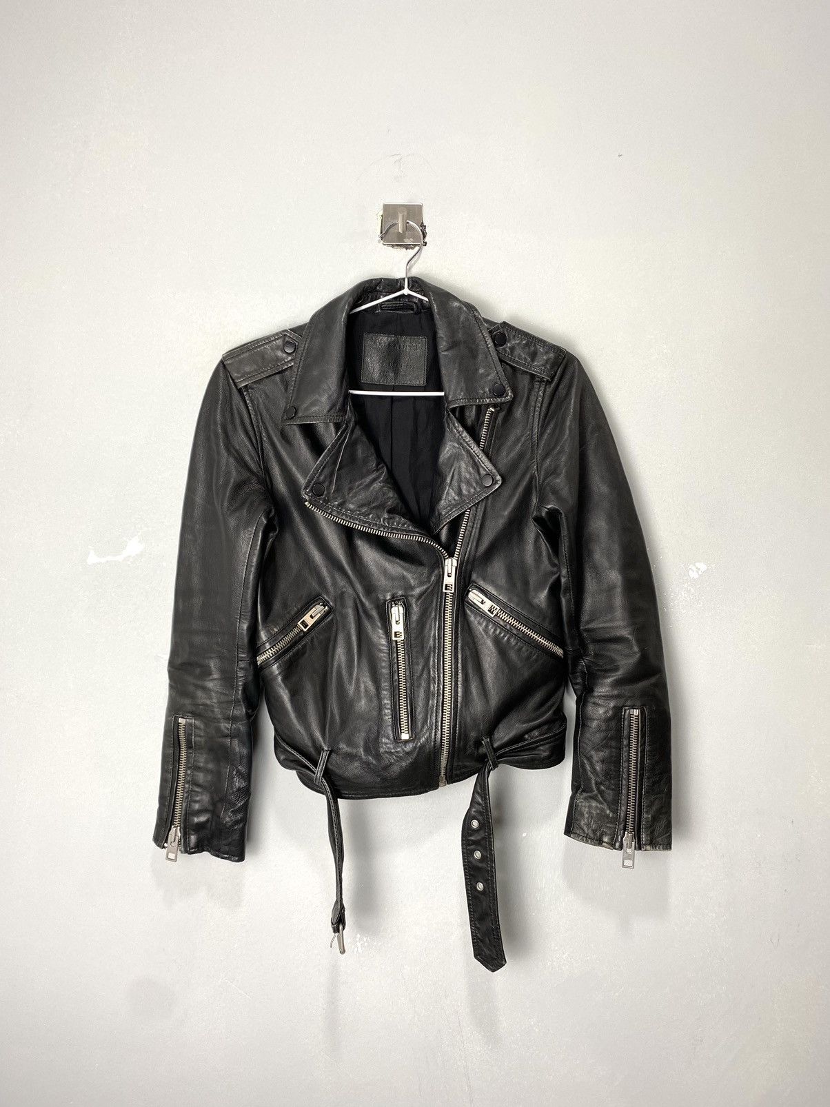 Image of Allsaints Luna Biker Leather Jacket Size S in Black, Women's