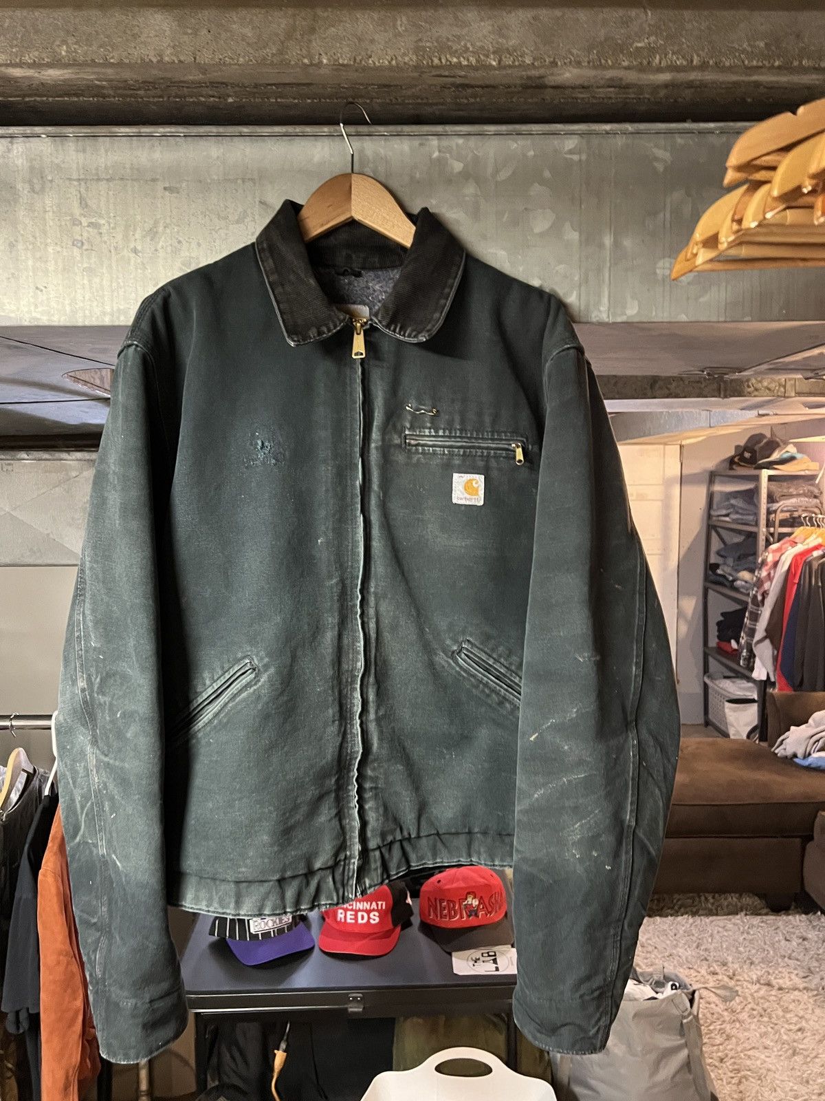 image of Carhartt Detroit Jacket Sun Faded Coat Black Green, Men's (Size XL)