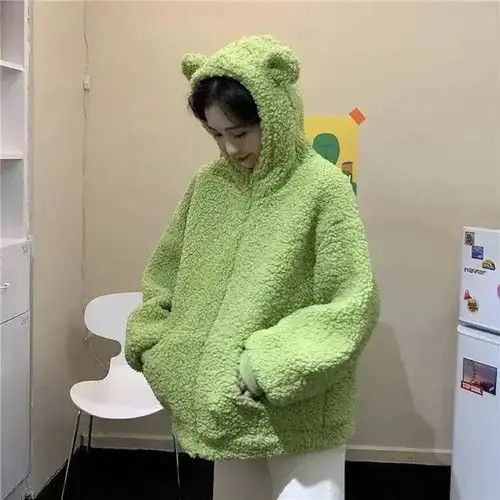 Sheep wool coat loose warm with cartoon print fleece