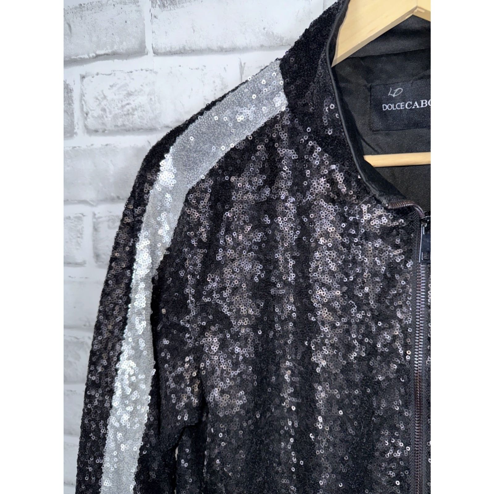 Vintage Dolce Cabo Sequin Full Zip Jacket Womens M Silver Black & Silver Metal Theme Basic Jacket Size M / US 6-8 / IT 42-44 - 6 Thumbnail