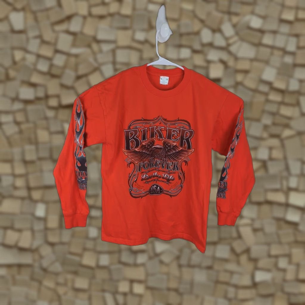 Vintage VINTAGE Thunder Sportswear Biker Forever Long Sleeve Shirt Orange Medium Men Crew Neck FLAMES 90s Hip Hop Biker Size US M / EU 48-50 / 2 - 1 Thumbnail