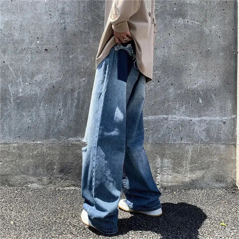 Retro wide leg hip-hop ripped jeans