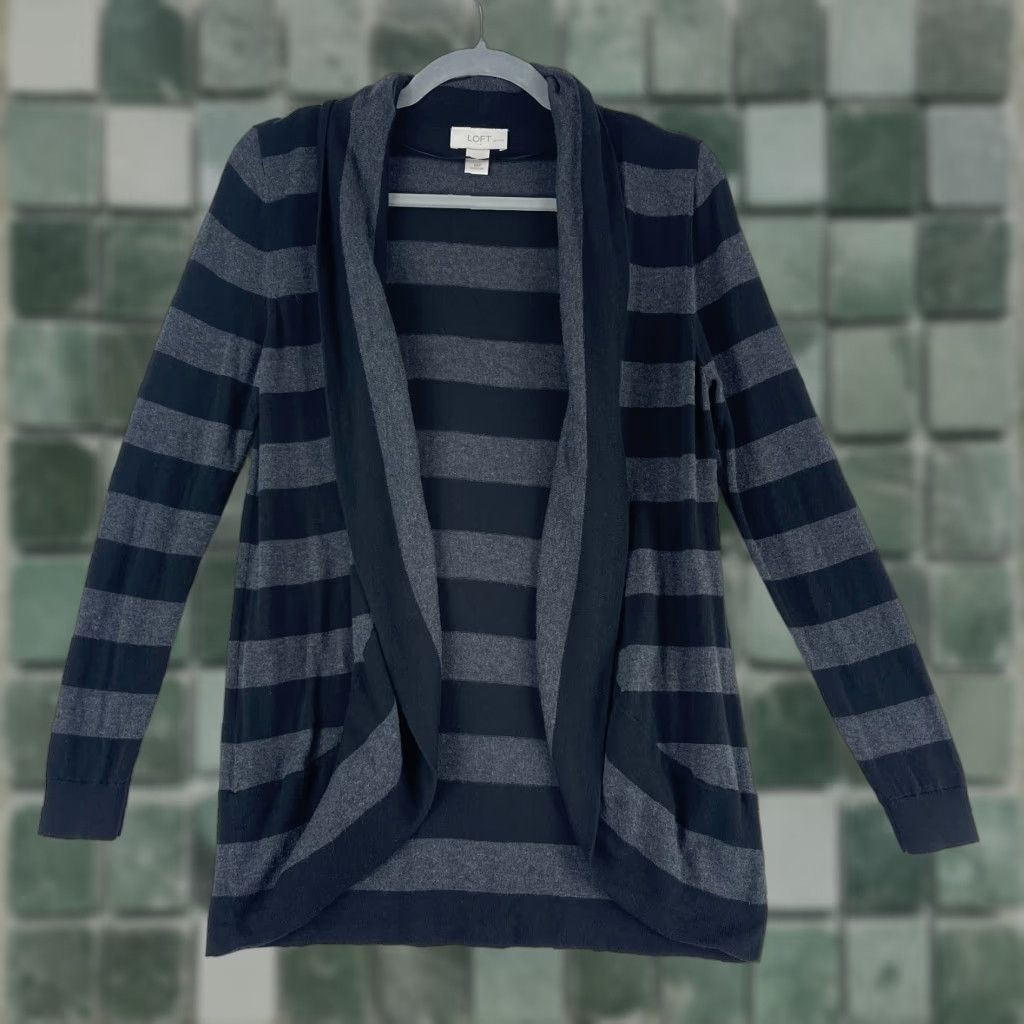 Loft LOFT Ann Taylor Cardigan Sweater Petites Black Gray Striped Womens PM Open V-Neck Long Sleeve Knit Size M / US 6-8 / IT 42-44 - 1 Thumbnail