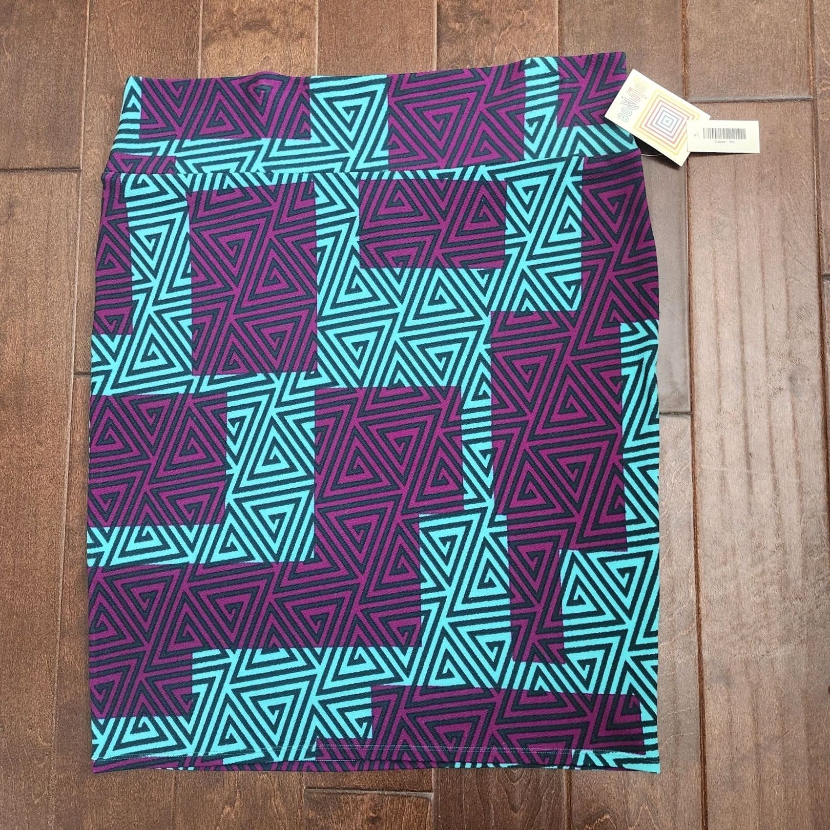 Vintage VINTAGE LuLaRoe Cassie Skirt 3XL Geometric Purple Teal Pencil Stretch NWT Size 40" / US 18 - 2 Thumbnail